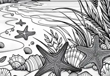 Muscheln und Seesterne im Sand an der Küste – Ausmalbild kostenlos