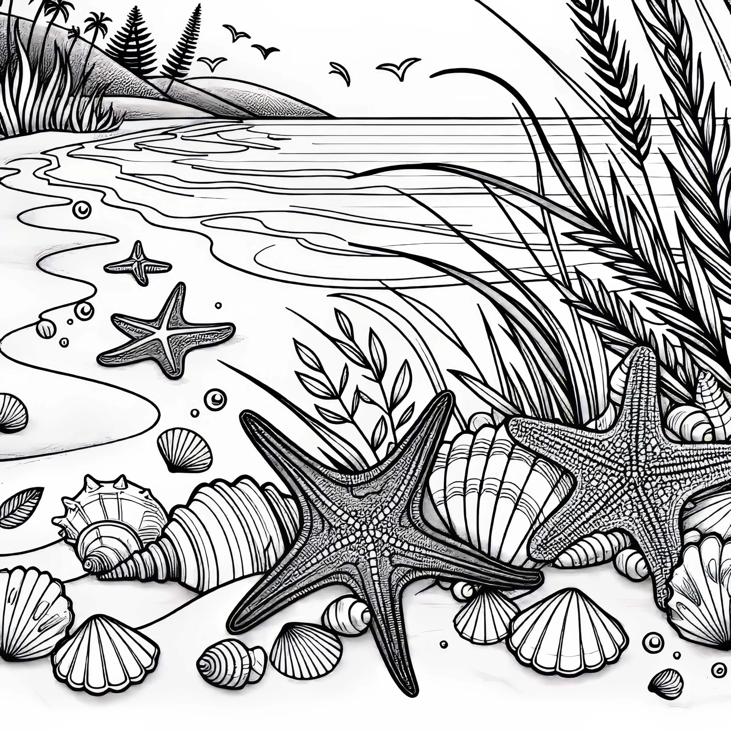 Muscheln und Seesterne im Sand an der Küste – Ausmalbild kostenlos