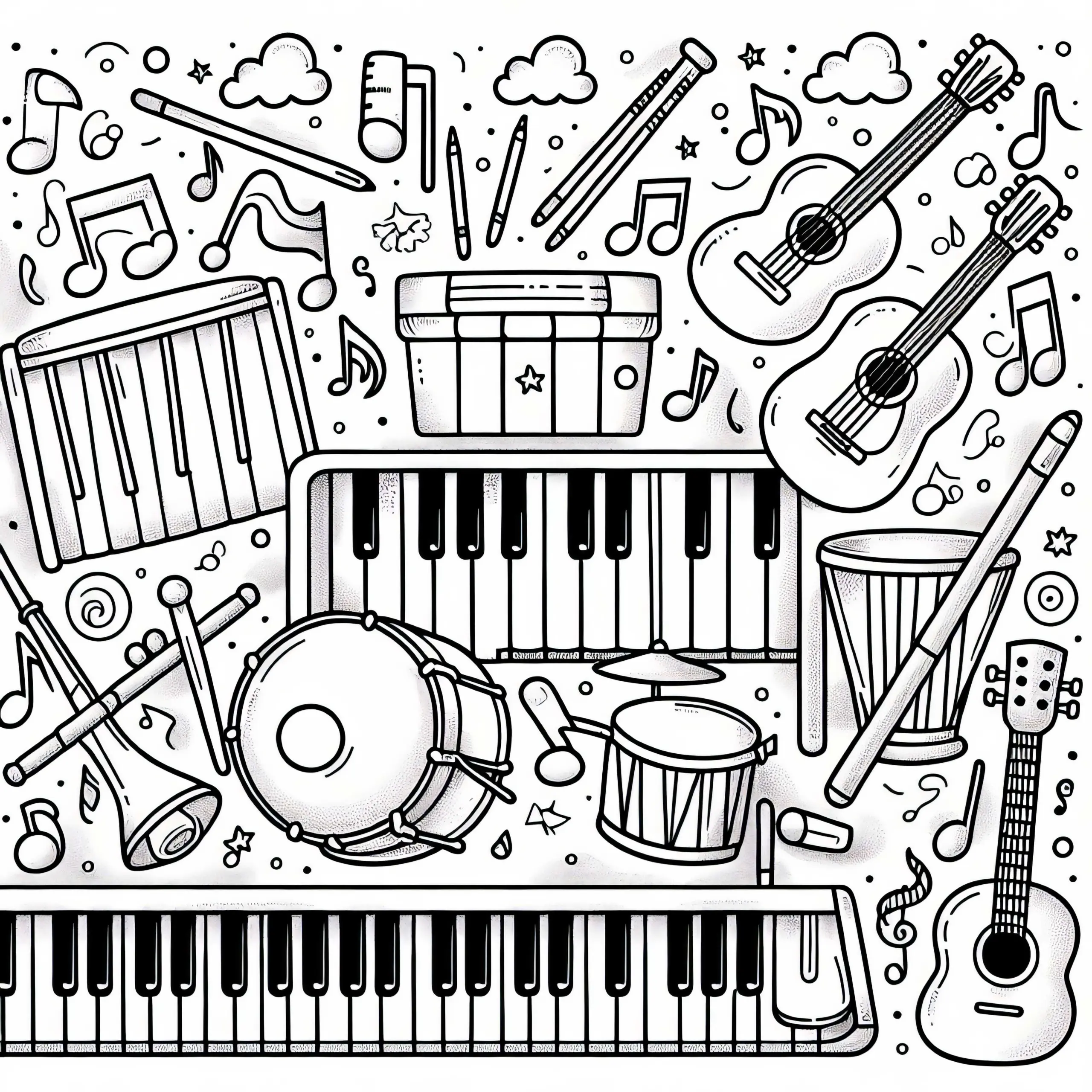 Musik machen Ausmalbild mit vielen Instrumenten gratis