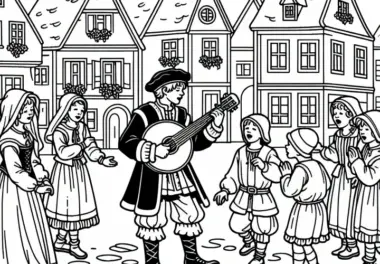 Musikant und Kinder, die tanzen – Ausmalbild Stadtleben Mittelalter kostenlos