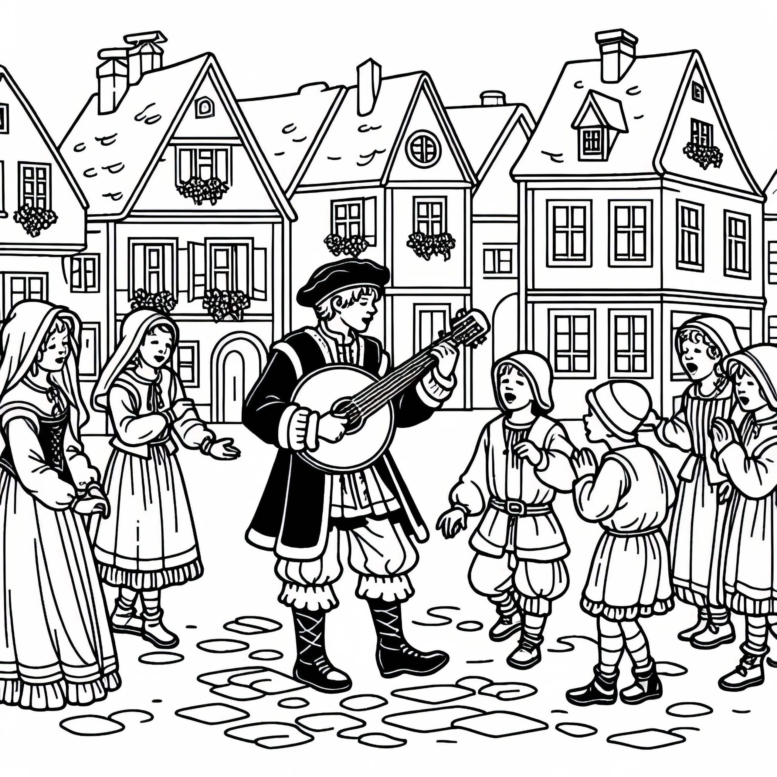 Musikant und Kinder, die tanzen – Ausmalbild Stadtleben Mittelalter kostenlos