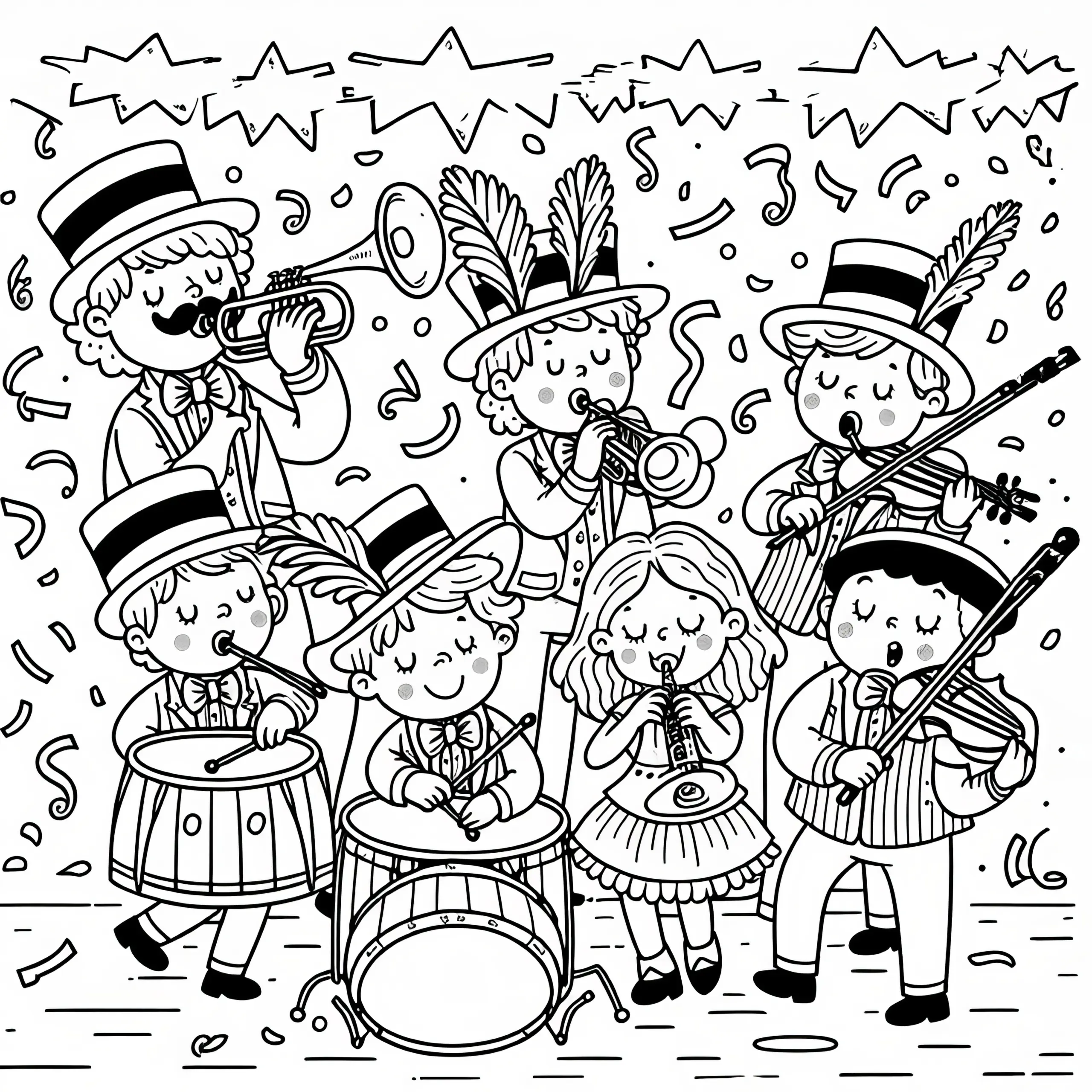 ## Musikband beim Karnevalsumzug – Malvorlage (Ausmalbild)