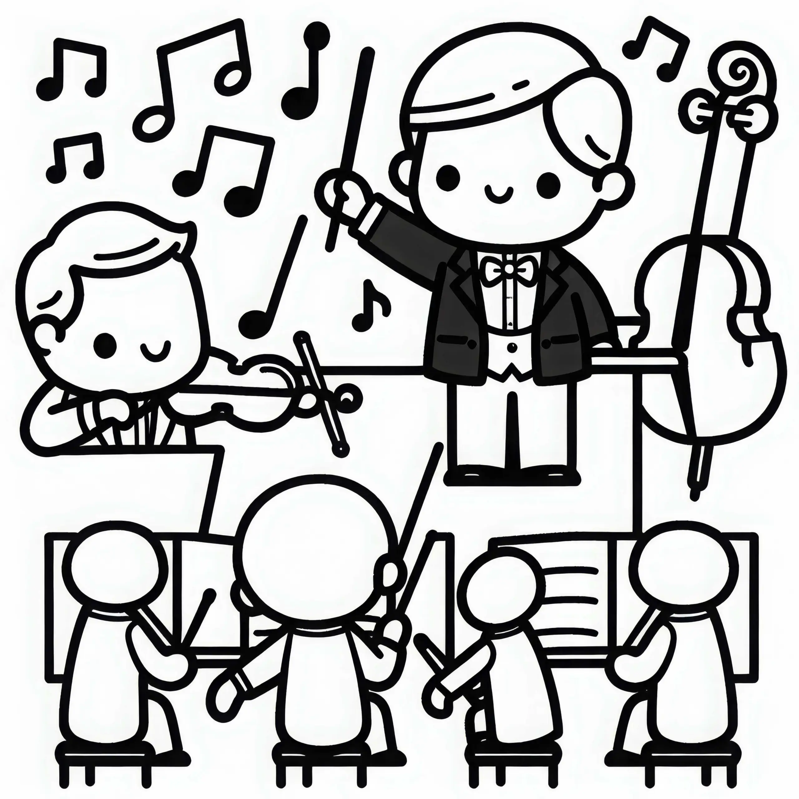 Musiker dirigiert Orchester – Malvorlage einfach gratis (Ausmalbild)