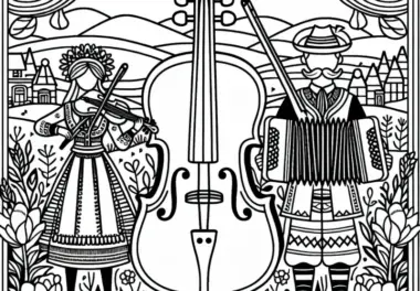 Musiker in Trachten – Ausmalbild Europa kostenlos herunterladen und online ausmalen