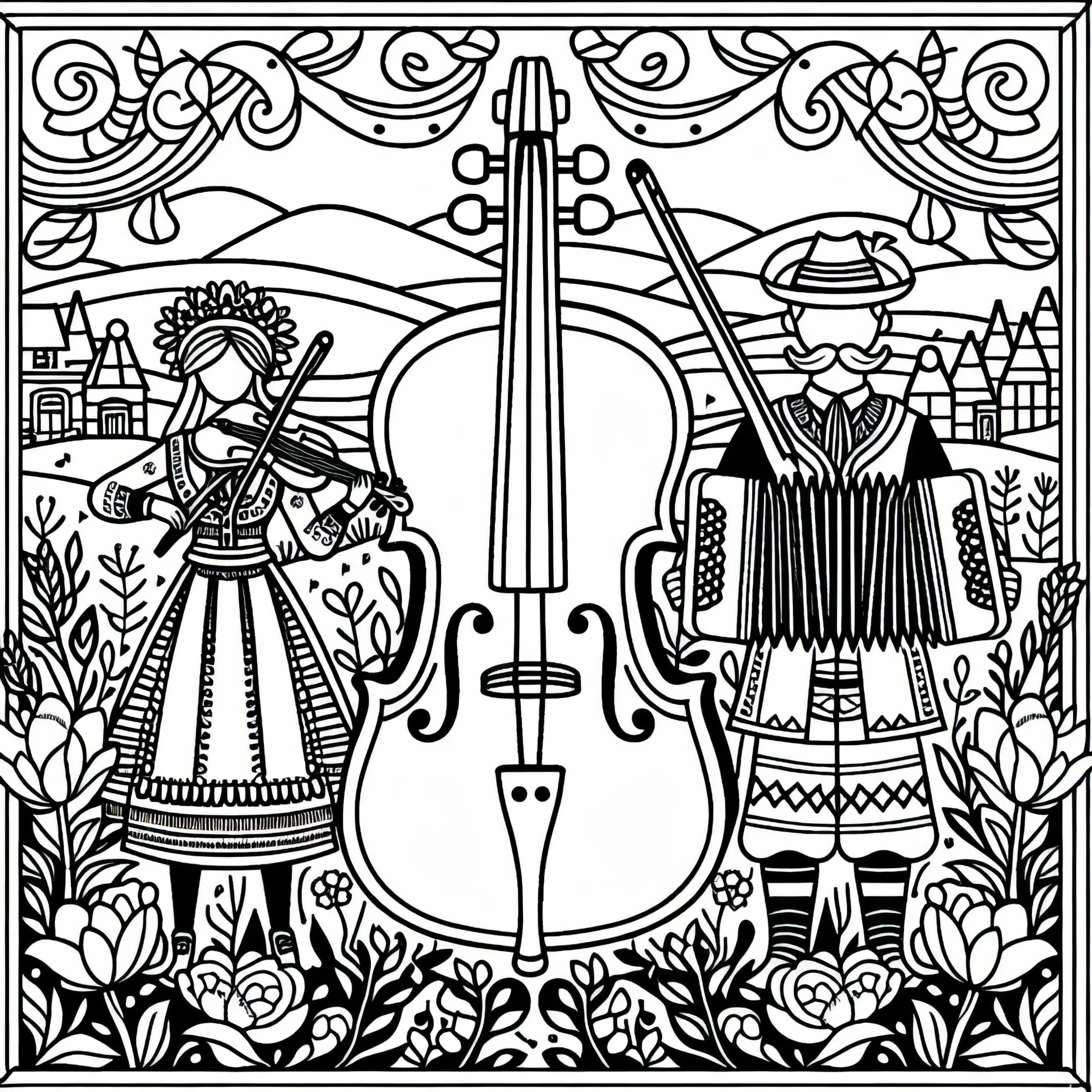 Musiker in Trachten – Ausmalbild Europa kostenlos herunterladen und online ausmalen