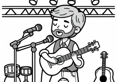 Musiker spielt Gitarre auf Bühne – Malvorlage kostenlos