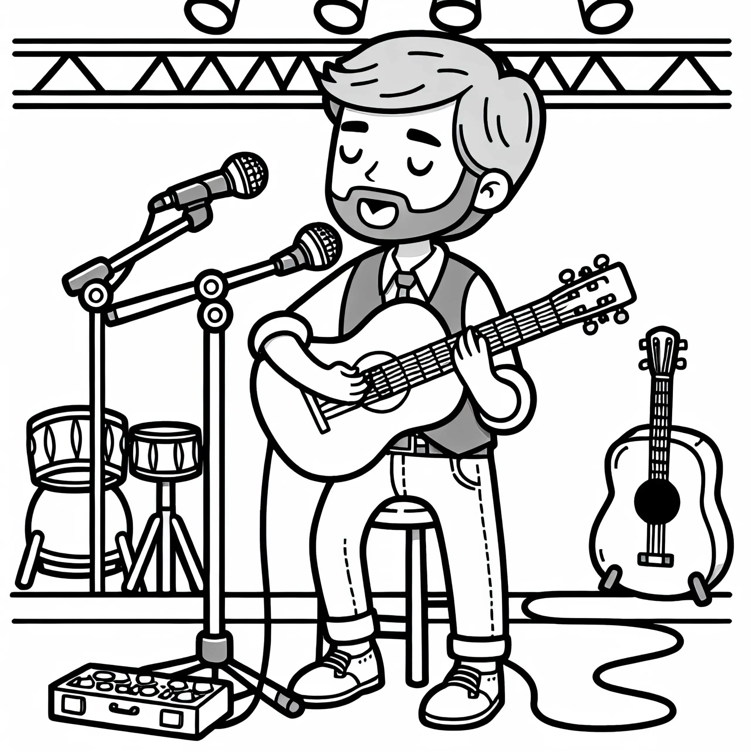 Musiker spielt Gitarre auf Bühne – Malvorlage kostenlos (Ausmalbild)