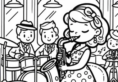 Musikerin spielt Saxophon in Jazz Bar – Malvorlage kostenlos