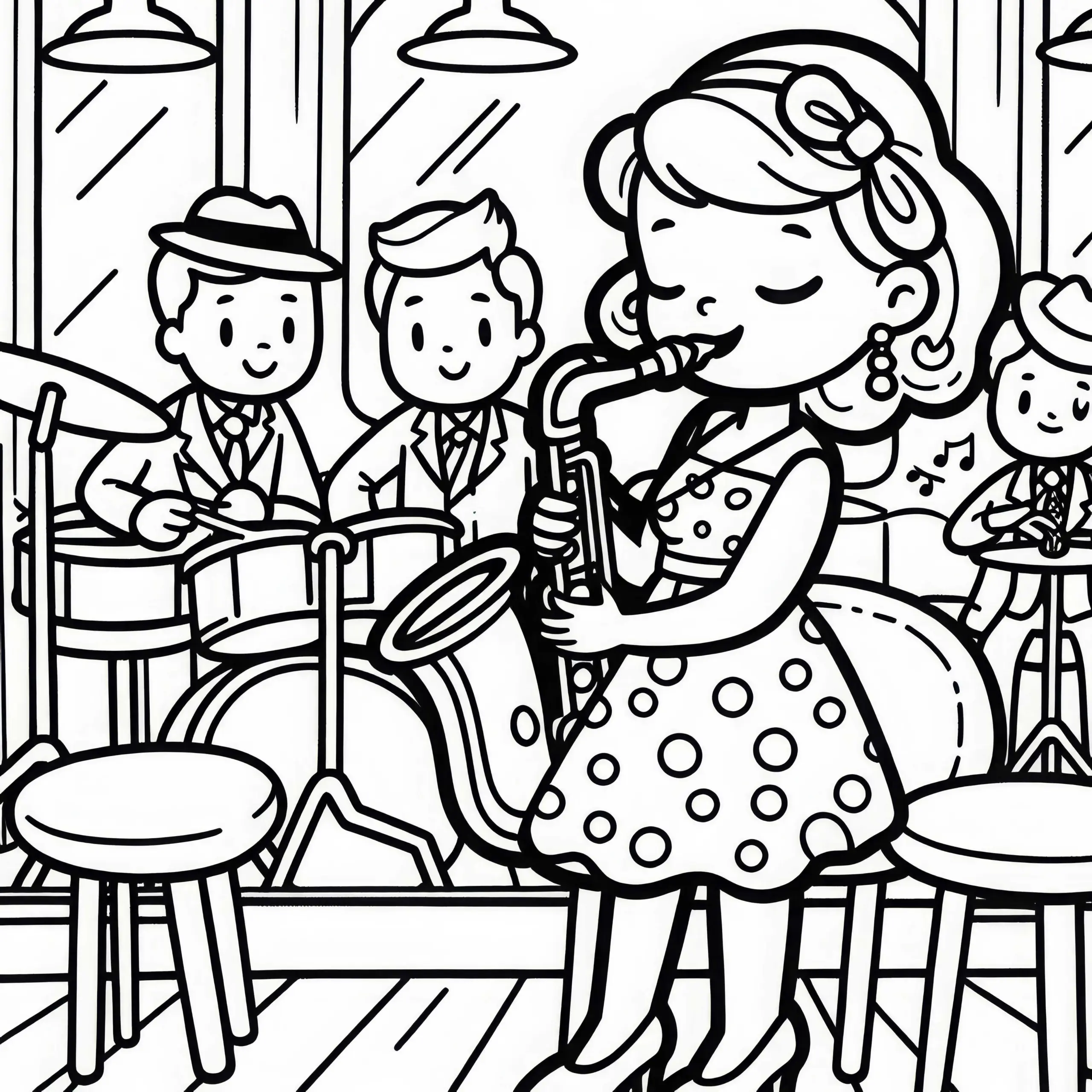 Musikerin spielt Saxophon in Jazz Bar – Malvorlage kostenlos (Ausmalbild)