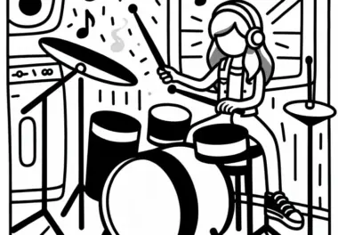 Musikerin spielt Schlagzeug – Malvorlage einfach kostenlos