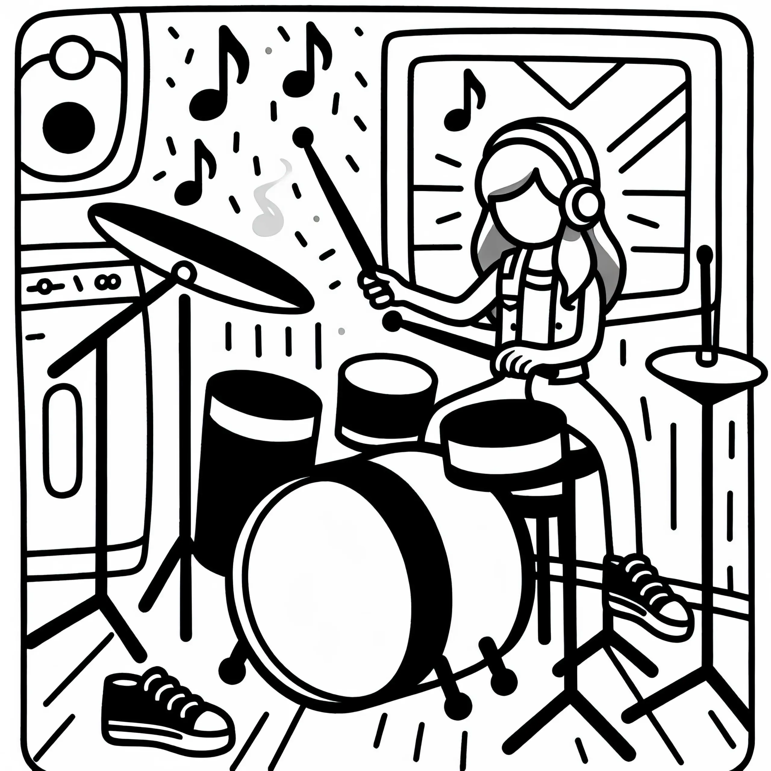 Musikerin spielt Schlagzeug – Malvorlage einfach kostenlos (Ausmalbild)