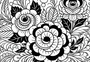 Muster aus stilisierten Rosen und Ranken – Ausmalbild Gratis