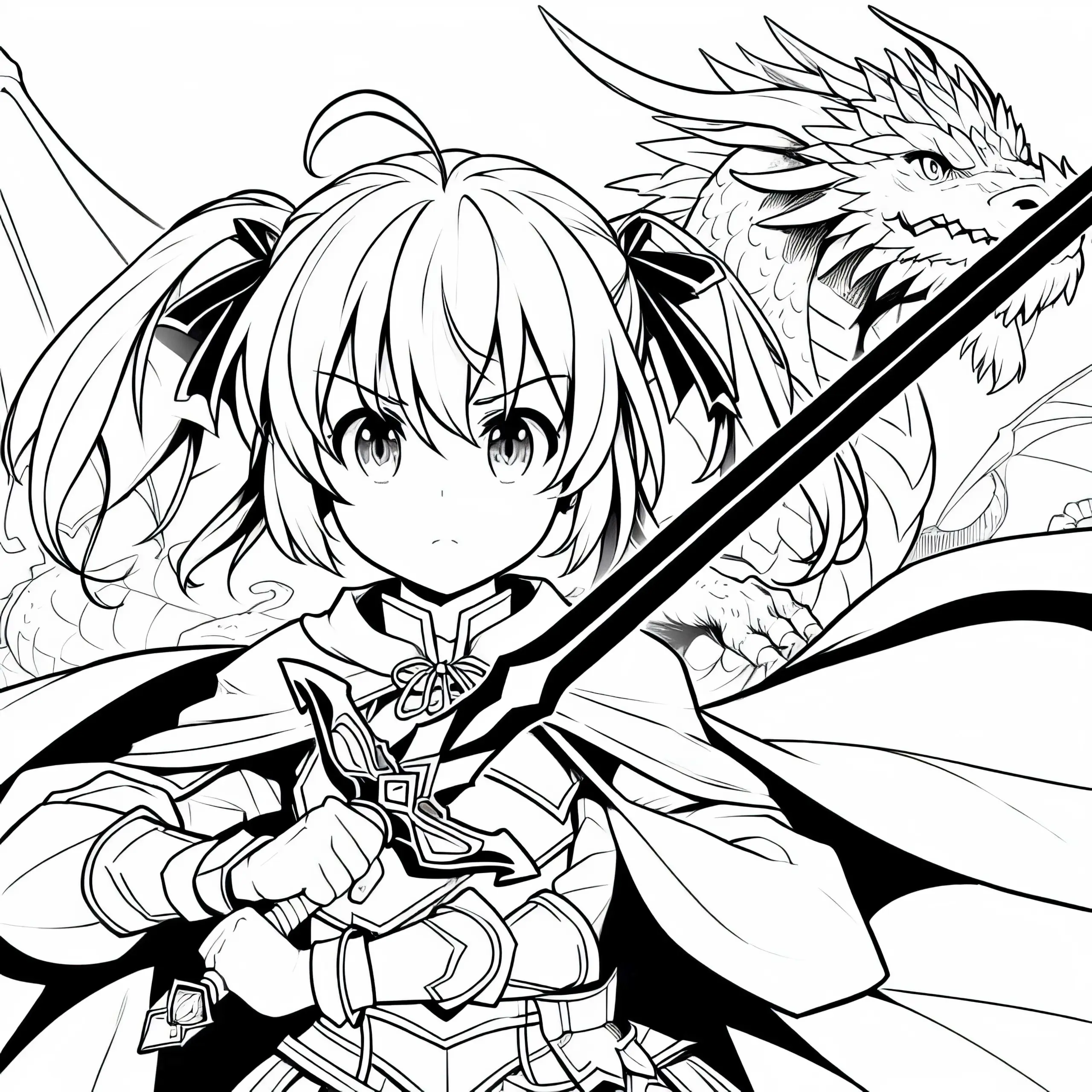 Mutiges Anime-Mädchen hält entschlossen Schwert – Drache im Hintergrund als Malvorlage kostenlos (Ausmalbild)