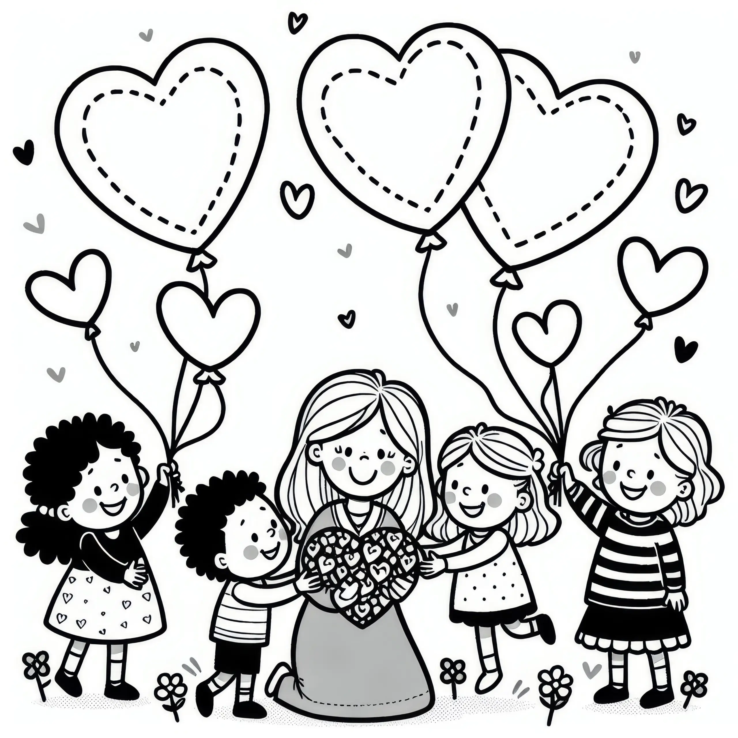 Mutter bekommt von Kindern viele Luftballons in Herzform: Gratis Malvorlage (Ausmalbild)