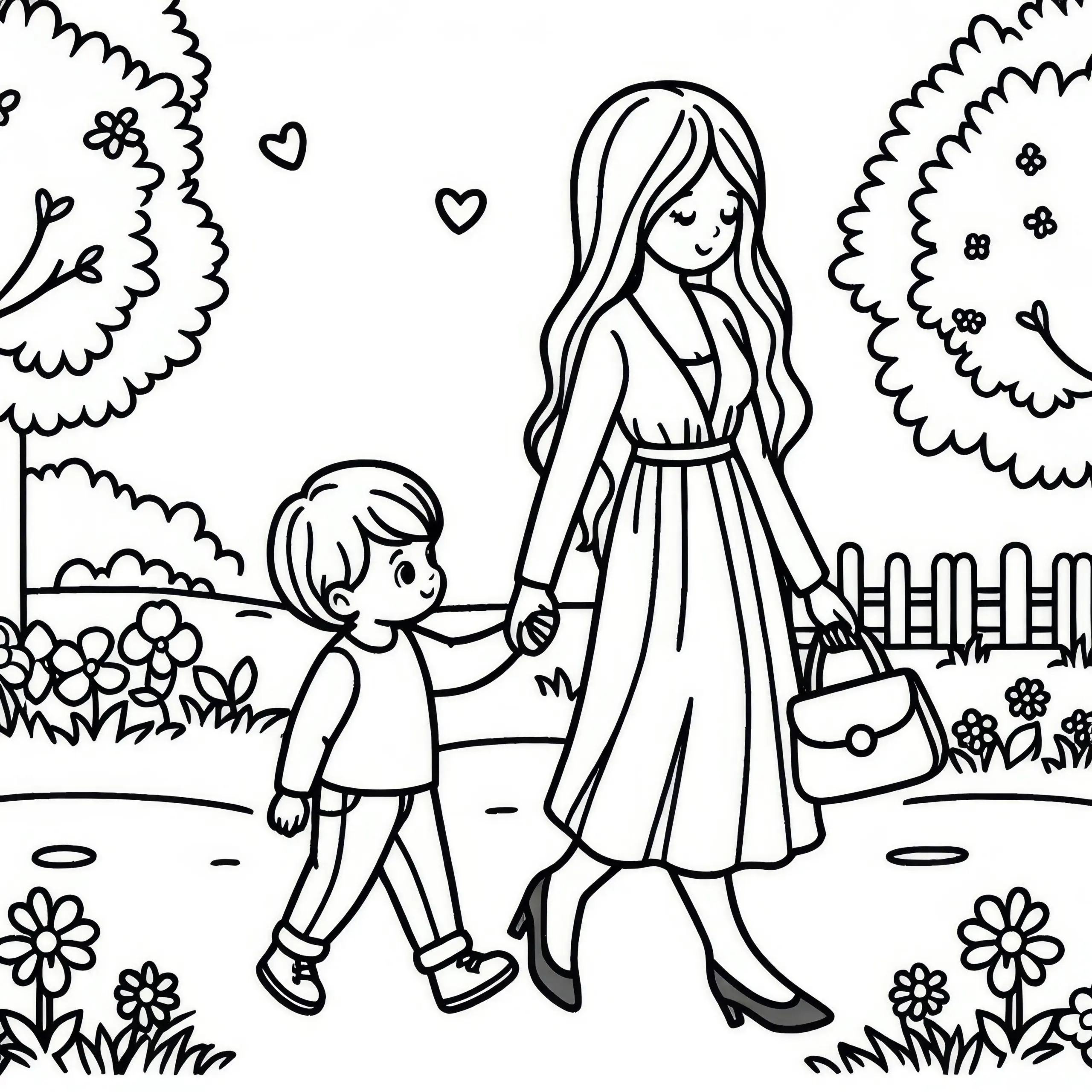 Mutter und Kind gehen durch den Park: Ausmalbild zum Herunterladen (Kostenlos)