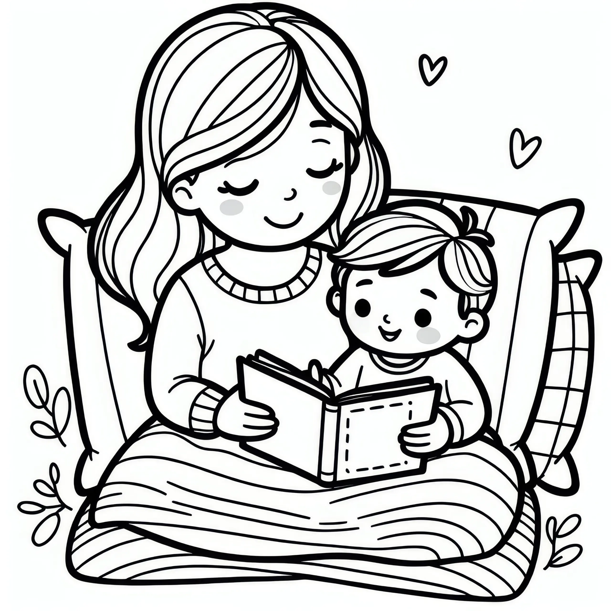 Mutter liest Kind ein Buch vor während sie zusammen kuscheln: Ausmalbild zum Muttertag (Gratis)