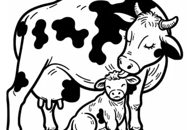 Mutterkuh leckt ihr neugeborenes Kalb sauber – Ausmalbild kostenlos