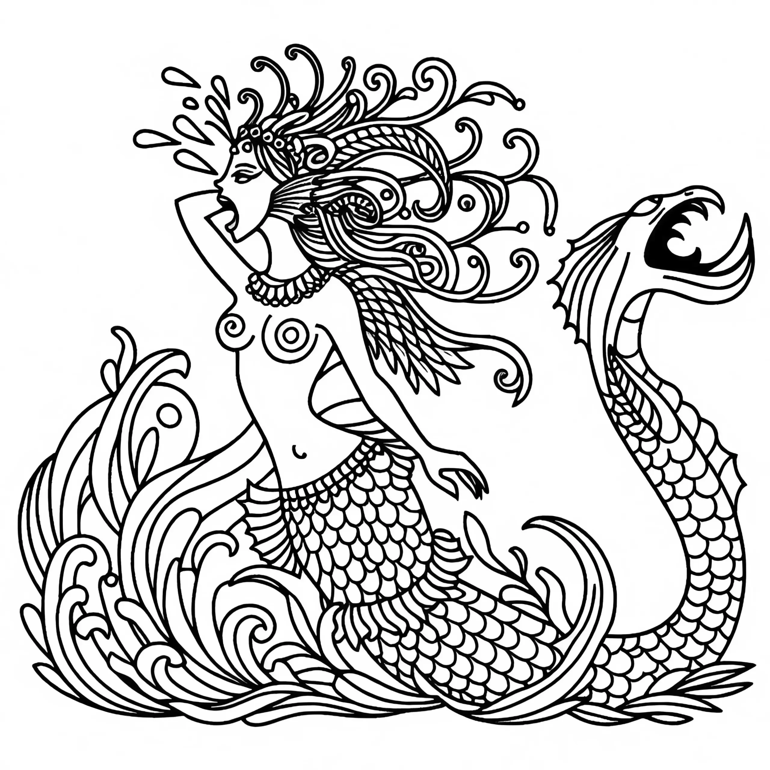 Mystische Sirene Malvorlage Einfach Gratis zum Download (Ausmalbild)