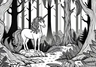Mystischer Nebelwald: Einhorn Steht Zwischen Farnen – Ausmalbild Kostenlos