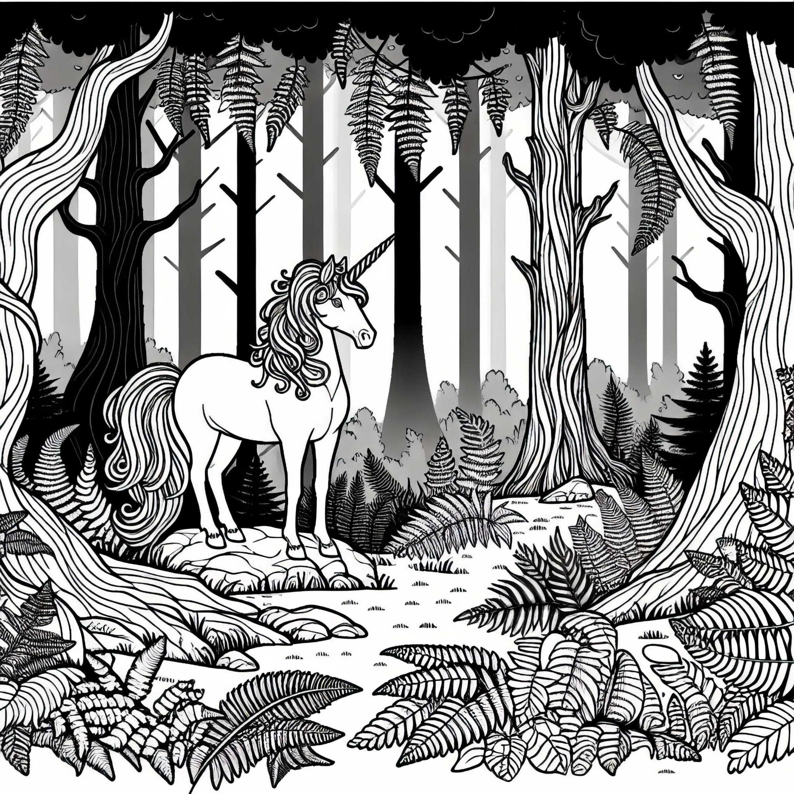 Mystischer Nebelwald: Einhorn Steht Zwischen Farnen – Ausmalbild Kostenlos