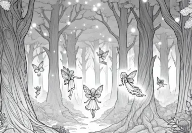 Mystischer Nebelwald mit feen, die zwischen dicken Bäumen fliegen