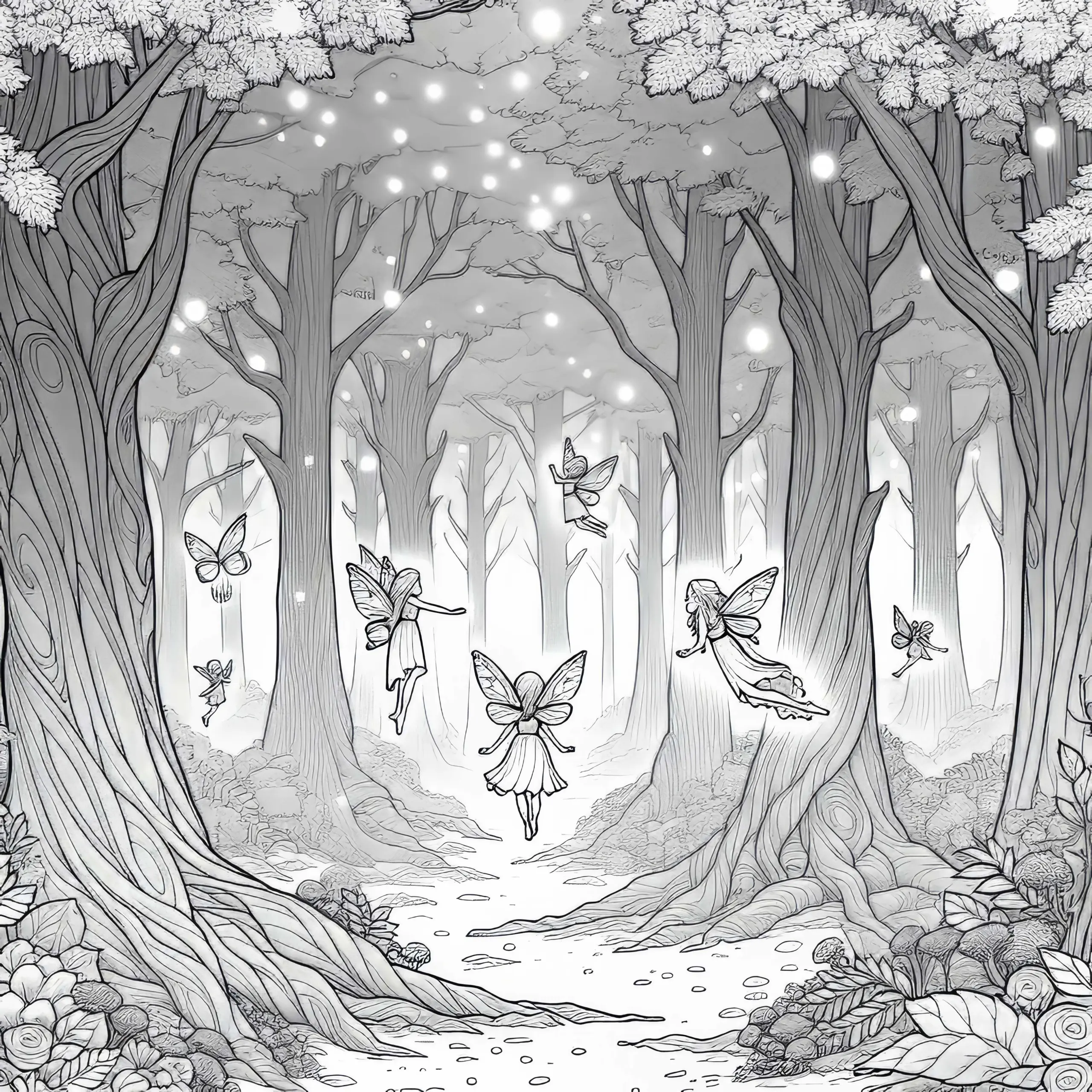 Mystischer Nebelwald mit feen, die zwischen dicken Bäumen fliegen (Ausmalbild)