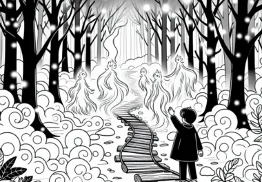 Mystischer Nebelwald: Kind begegnet Waldgeistern – Ausmalbild kostenlos