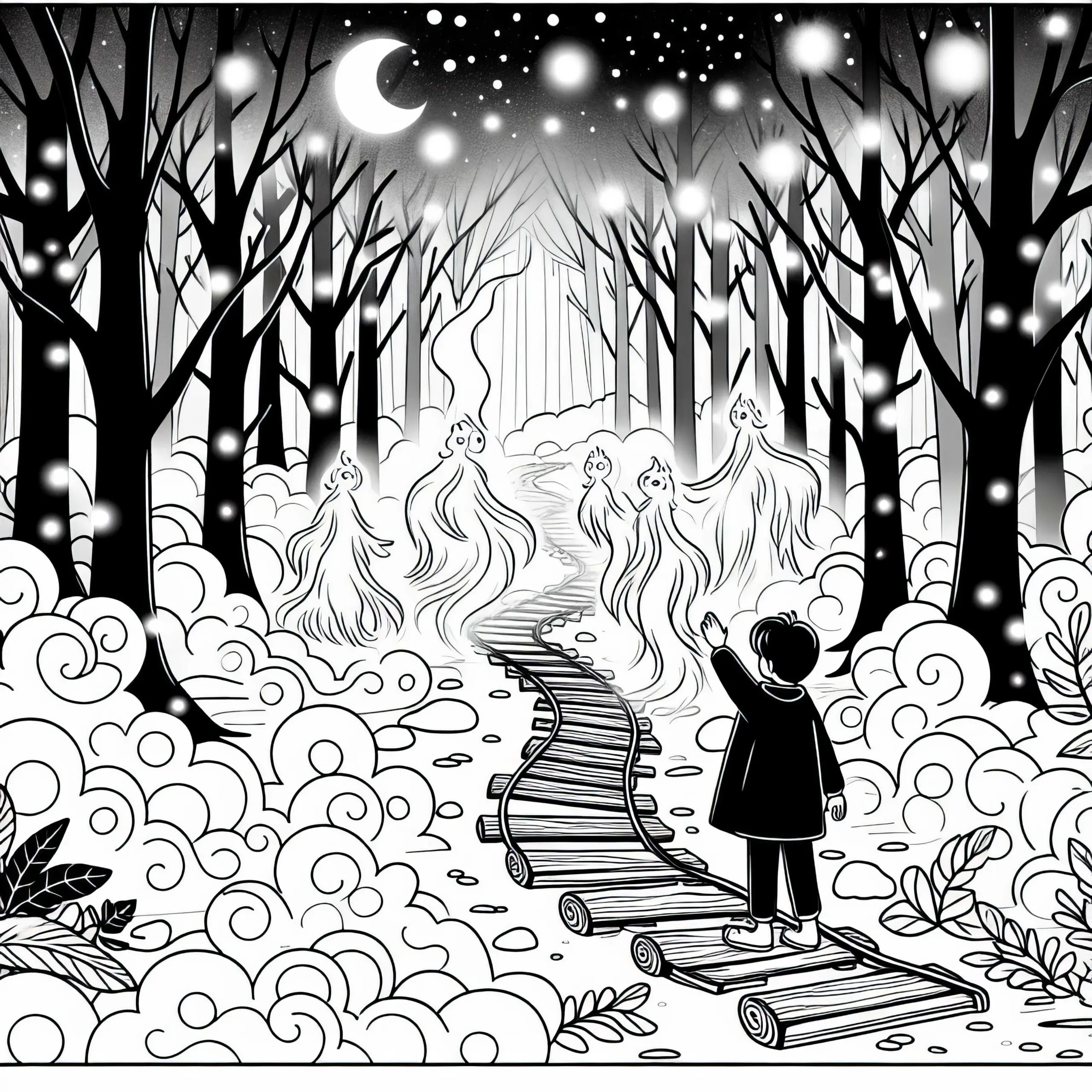 Mystischer Nebelwald: Kind begegnet Waldgeistern – Ausmalbild kostenlos