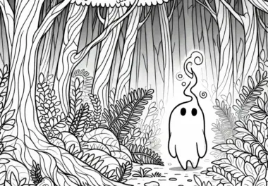 Mystischer Nebelwald mit kleinem Lichtwesen auf Lichtung – Ausmalbild kostenlos