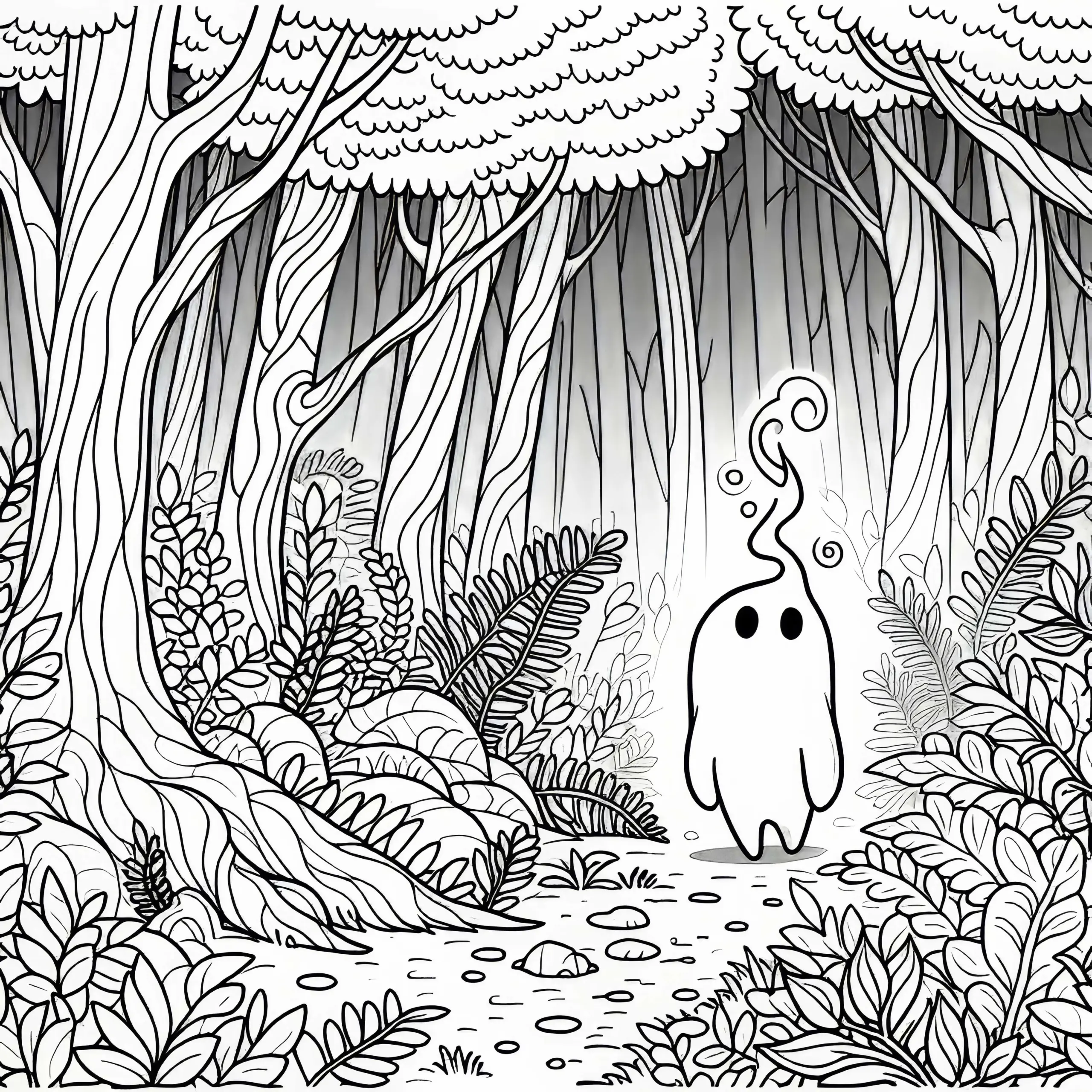 Mystischer Nebelwald mit kleinem Lichtwesen auf Lichtung – Ausmalbild kostenlos
