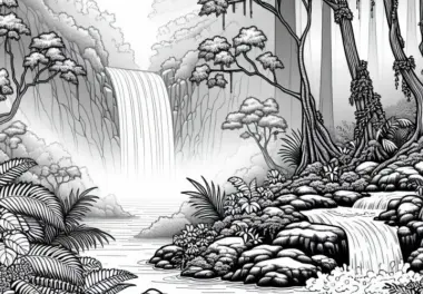 Mystischer Nebelwald mit Wasserfall, der im Nebel verschwindet – Malvorlage gratis