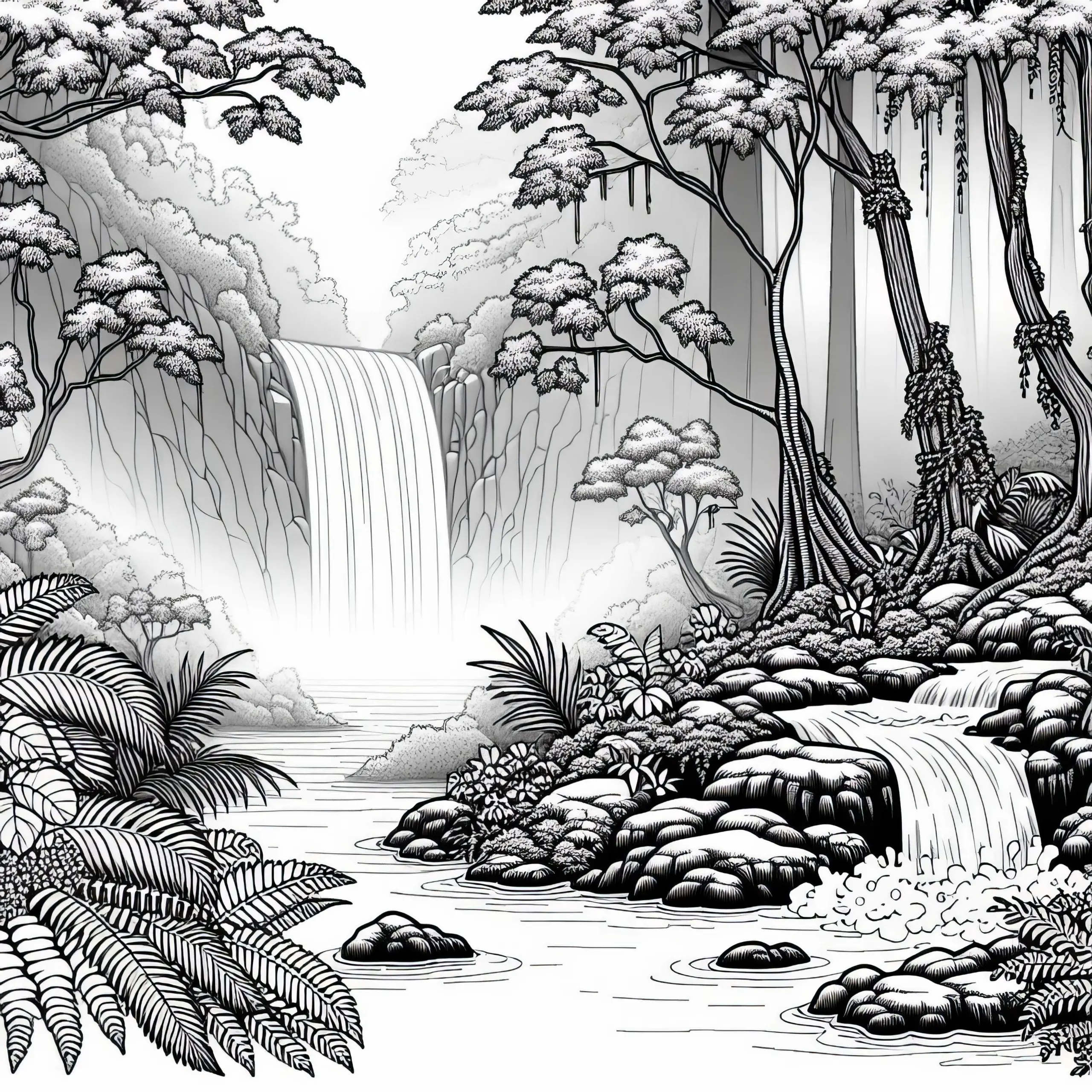 Mystischer Nebelwald mit Wasserfall, der im Nebel verschwindet – Malvorlage gratis (Ausmalbild)