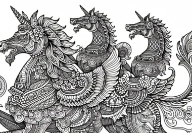 Mythologische Kreaturen mit feinem Linienmuster – Ausmalbild für Erwachsene kostenlos