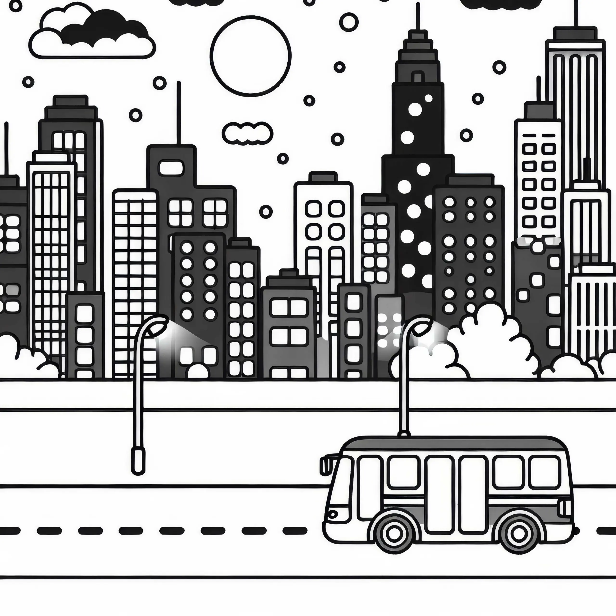 Nachtbus fährt durch beleuchtete Stadt Malvorlage gratis (Ausmalbild)