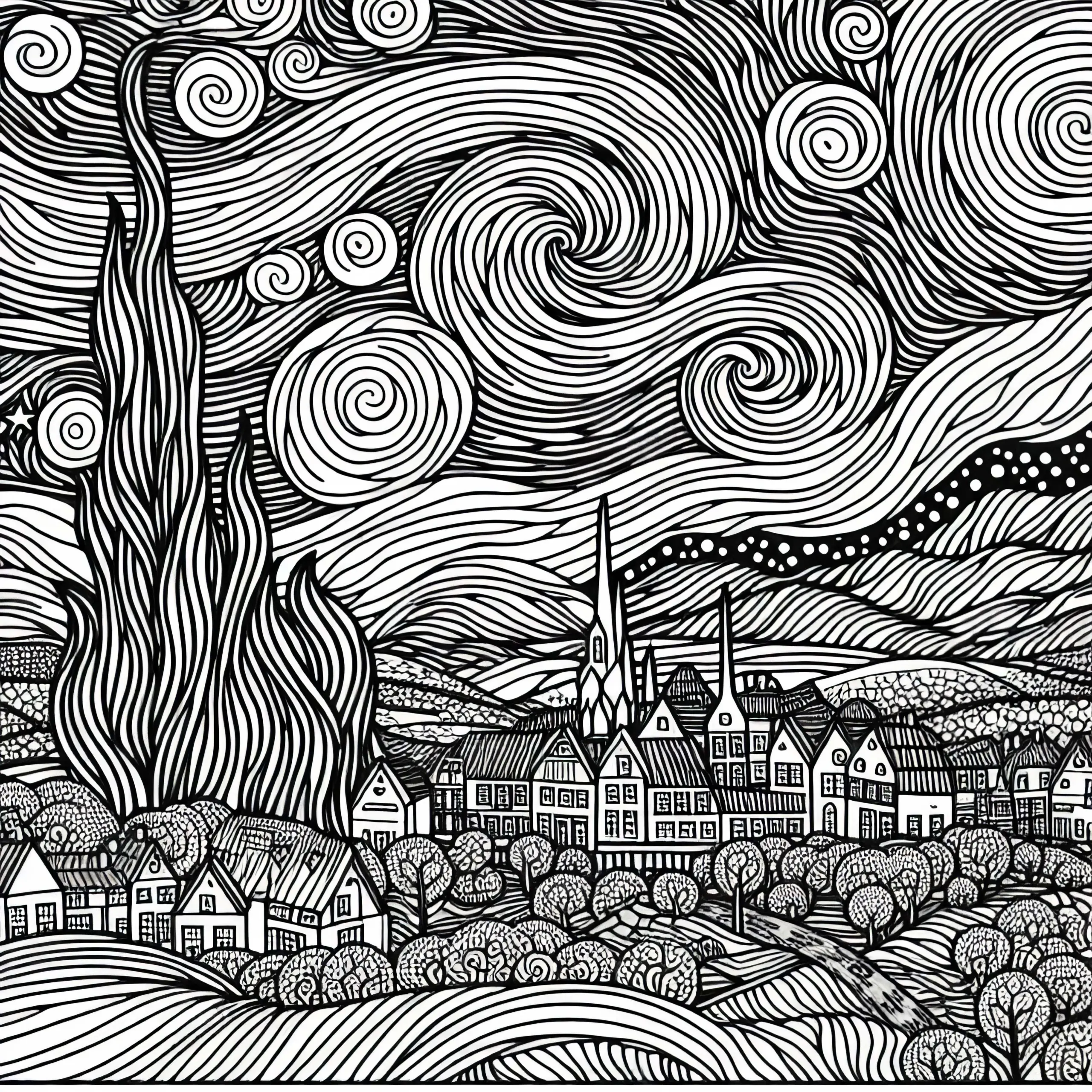 Nachthimmel über Dorf mit geschwungenen Linien im Vincent van Gogh Stil: Gratis Malvorlage (Ausmalbild)