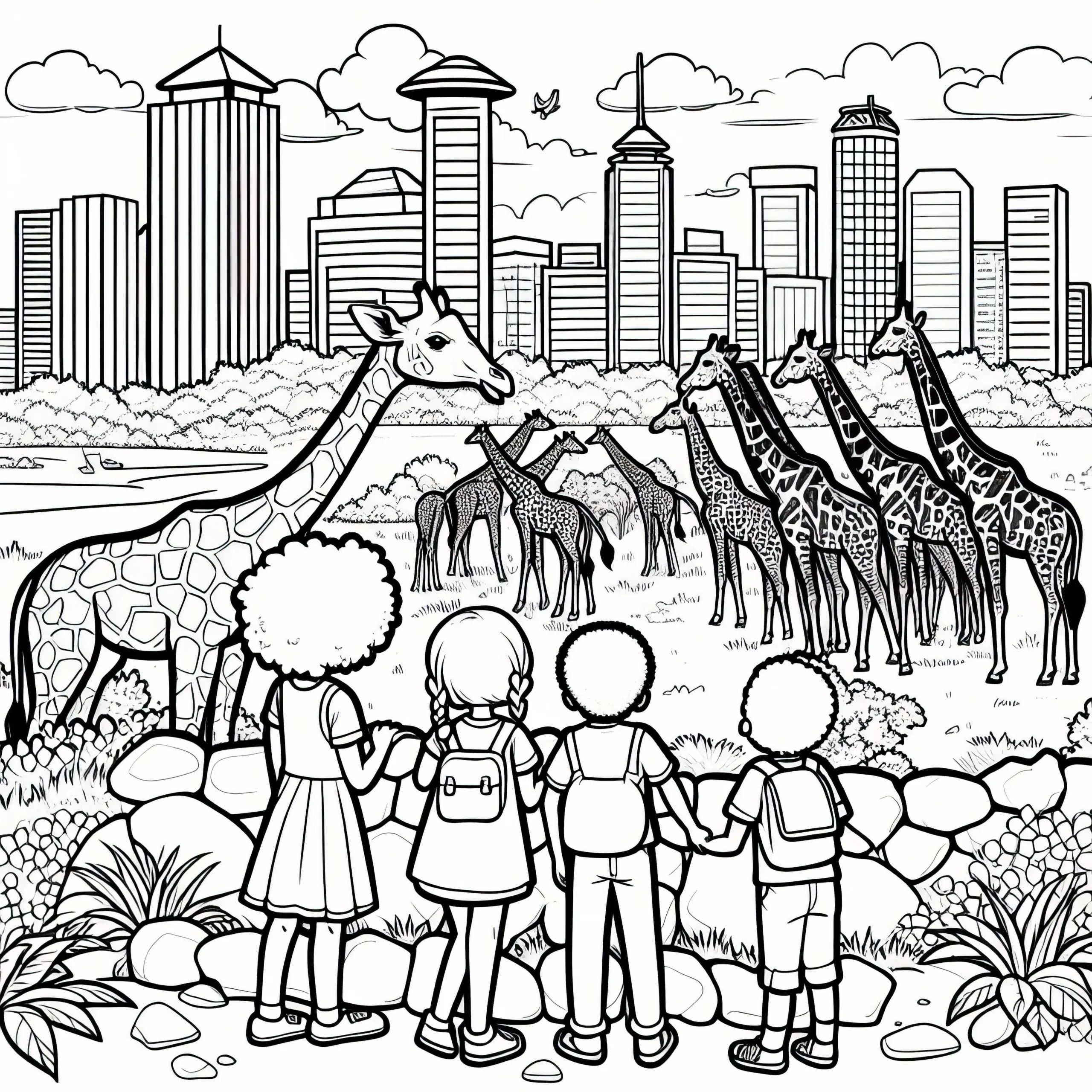 Giraffen im Nationalpark Nairobi mit Blick auf die Skyline – Ausmalbild gratis