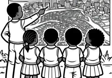 Nairobi Schulkind erklärt Stadtplan als Ausmalbild
