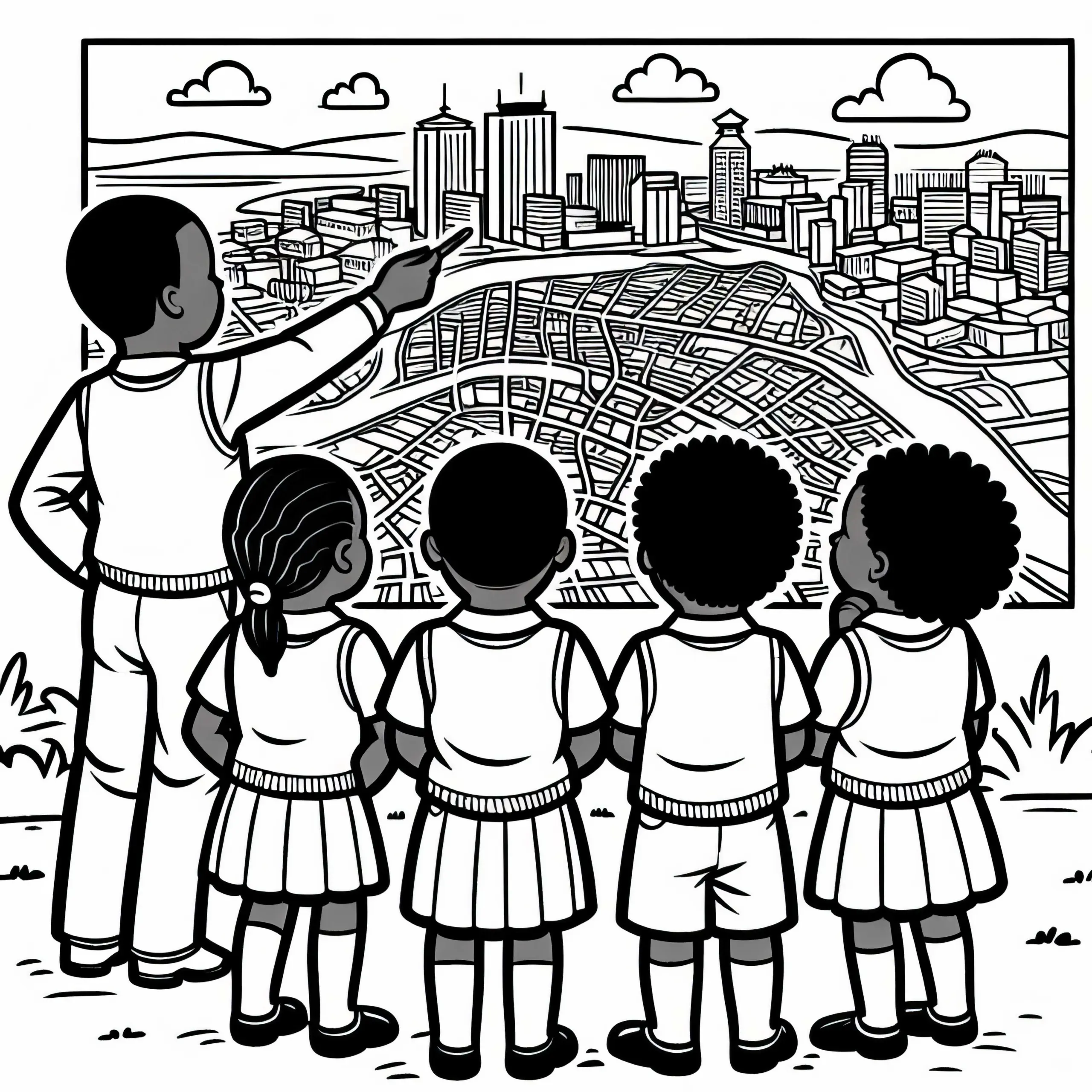 Nairobi Schulkind erklärt Stadtplan als Ausmalbild