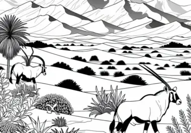 Namib-Wüste mit Sanddünen und Oryx Malvorlage Afrika Kostenlos