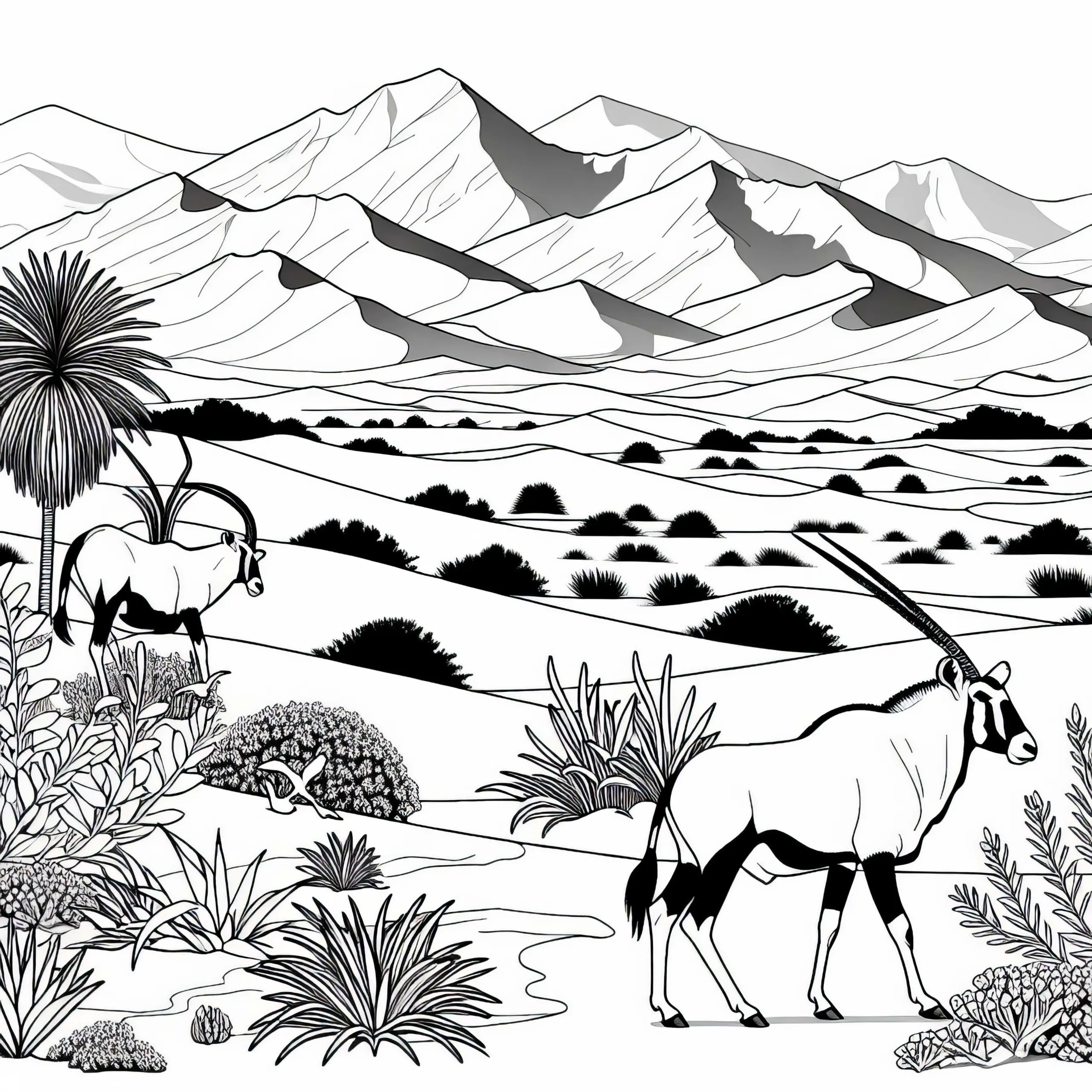 Namib-Wüste mit Sanddünen und Oryx Malvorlage Afrika Kostenlos (Ausmalbild)