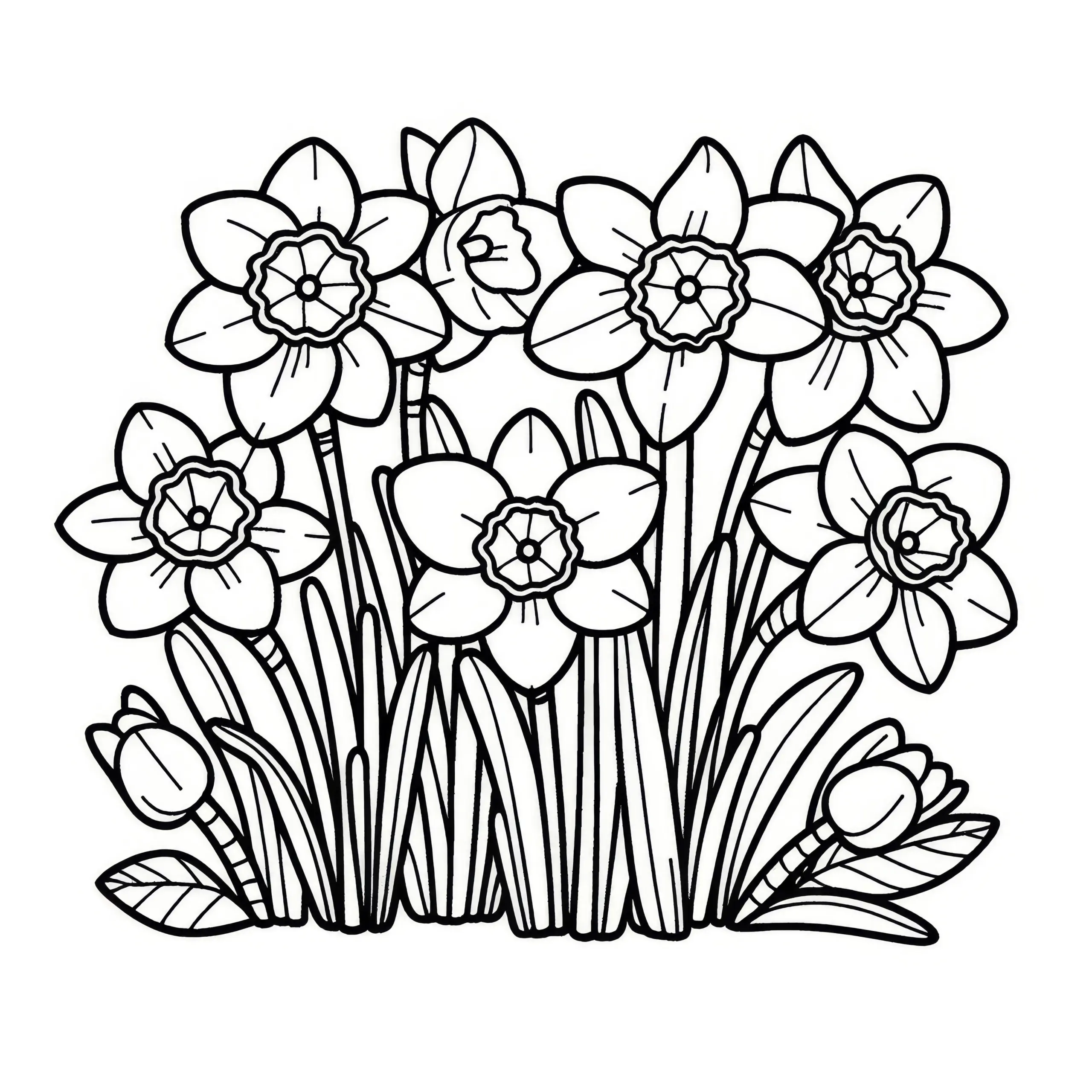 Narzissen Blüten: Bild zum Ausmalen (Kostenlos) (Ausmalbild)