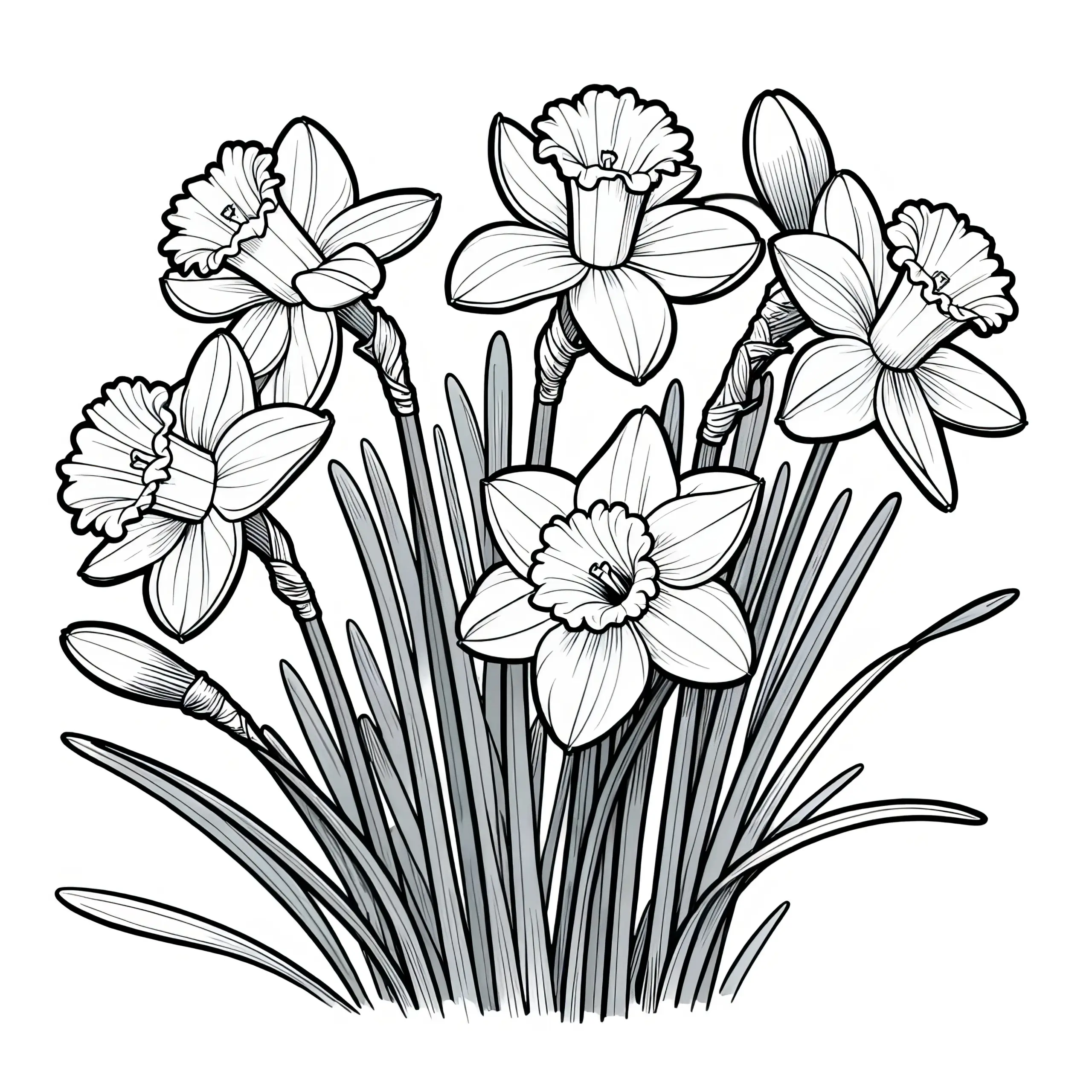 Narzissen Blüten: Realistische Malvorlage (Gratis) (Ausmalbild)