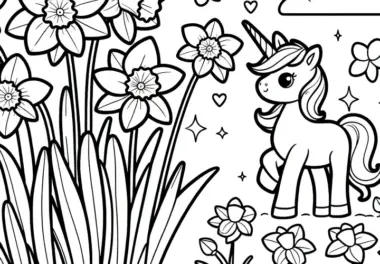 Narzissen und Einhorn: Dein kostenloses Ausmalbild