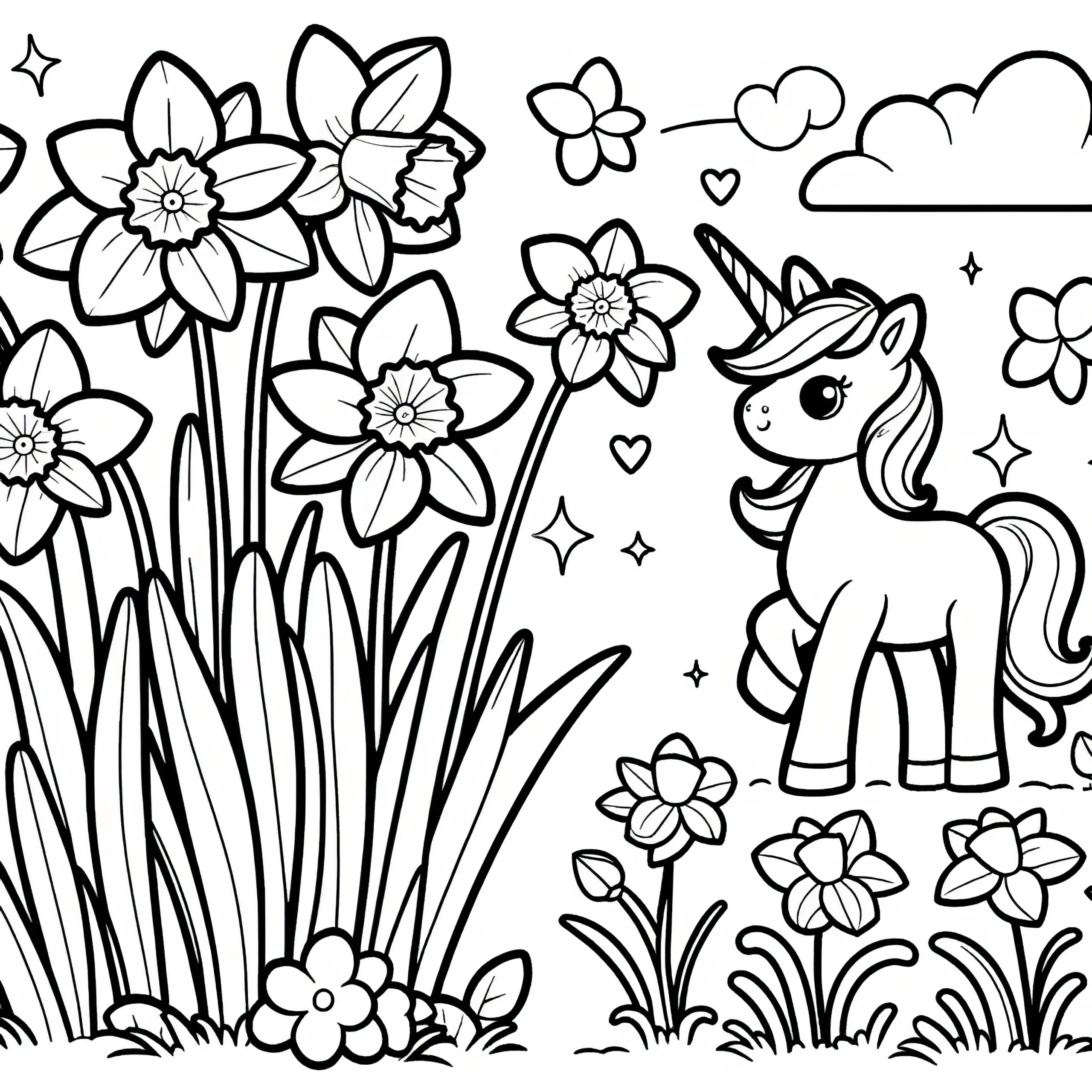 Narzissen und Einhorn: Dein kostenloses Ausmalbild
