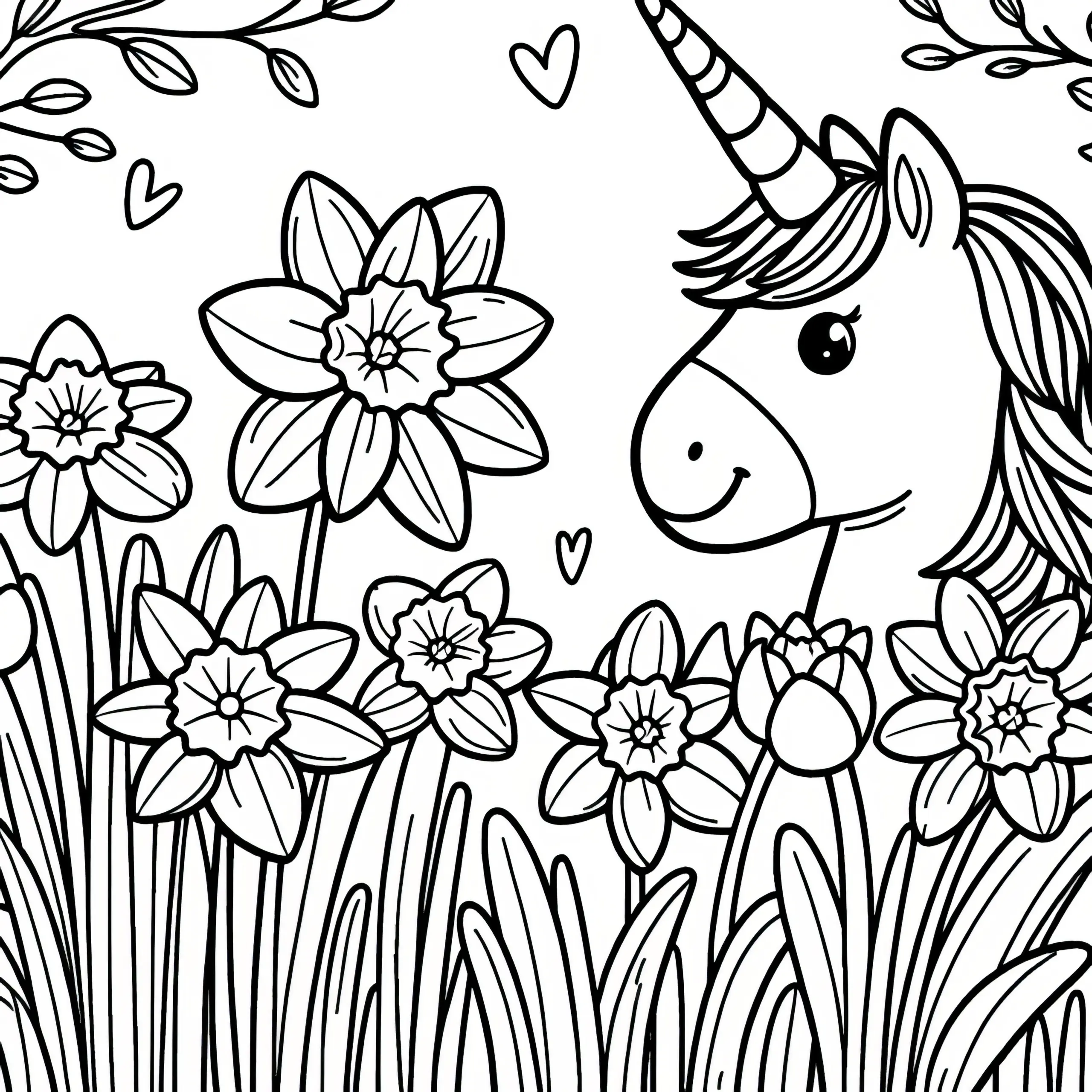 Narzissen und hübsches Einhorn als Ausmalbild (Gratis)