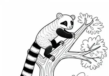 Nasenbär klettert geschickt den Baum hoch – Malvorlage gratis