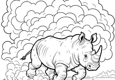 Ein Nashorn läuft durch eine staubige Ebene und wirbelt Sand auf – Malvorlage kostenlos