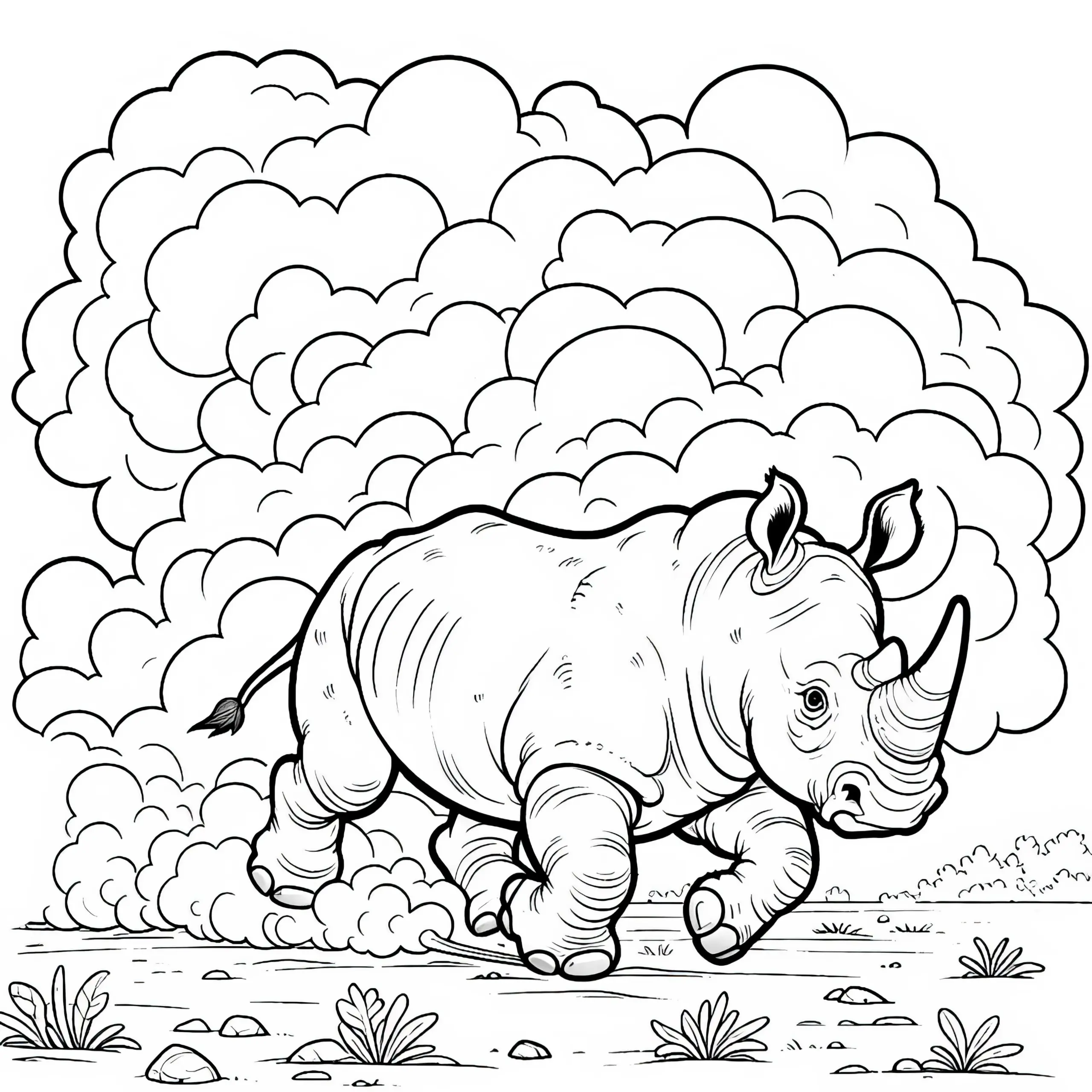 Ein Nashorn läuft durch eine staubige Ebene und wirbelt Sand auf – Malvorlage kostenlos (Ausmalbild)