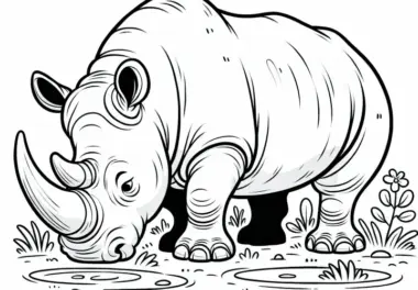 Nashorn senkt massiven Kopf – Ausmalbild einfach kostenlos