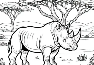 Nashorn steht stolz in Savannenlandschaft mit Akazienbäumen im Hintergrund – Ausmalbild gratis
